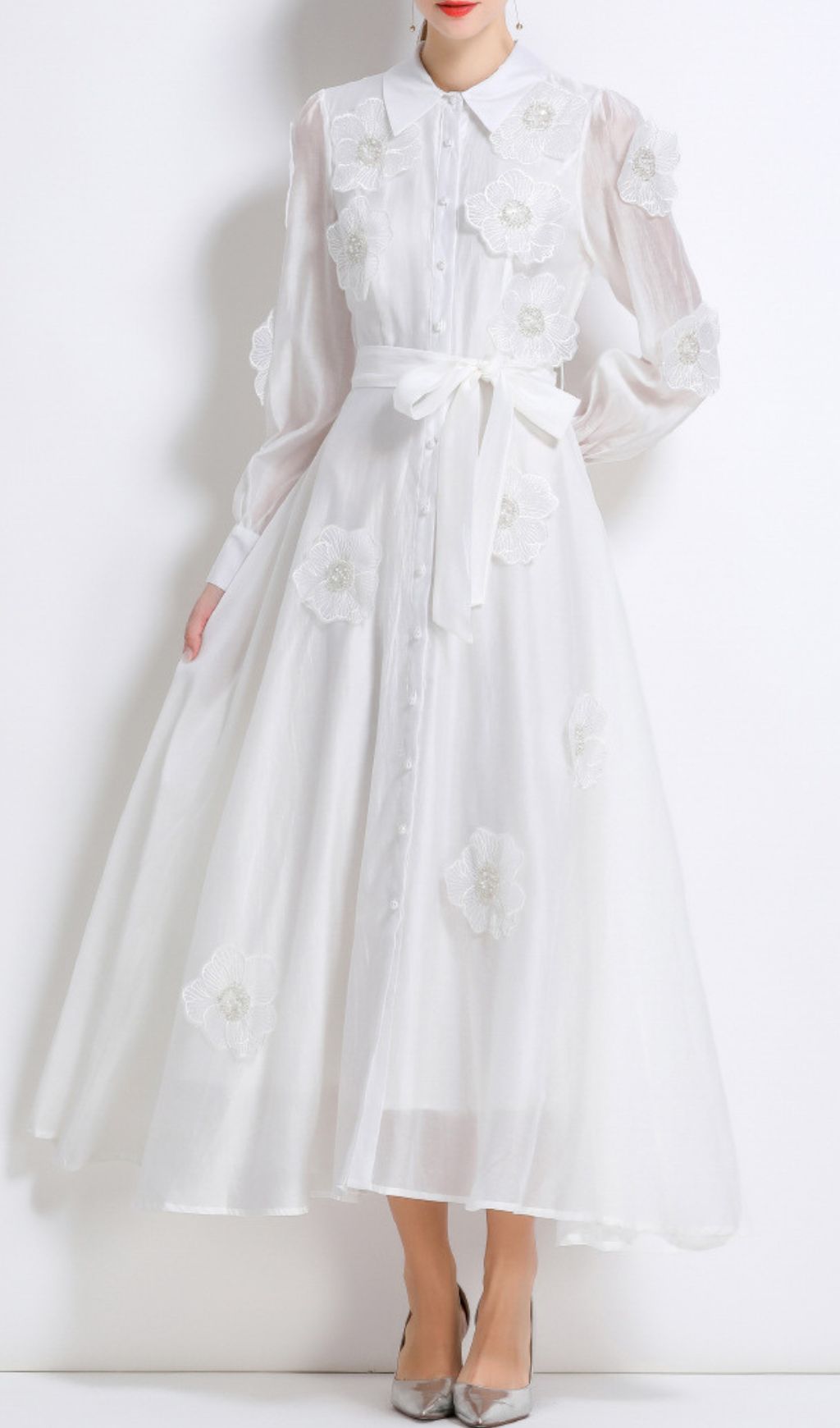 Fashionslee Women Holly White Flower Long Sleeve Midi Dress