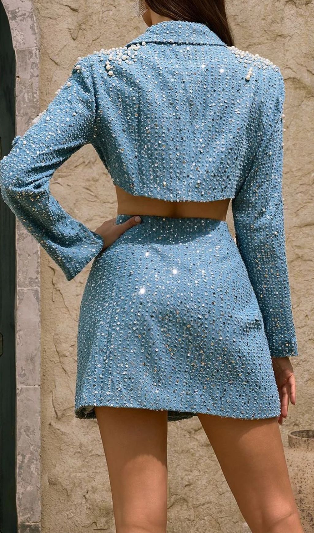 Fashionslee Women Dharinija Long Sleeve Pearl Cutout Denim Dress
