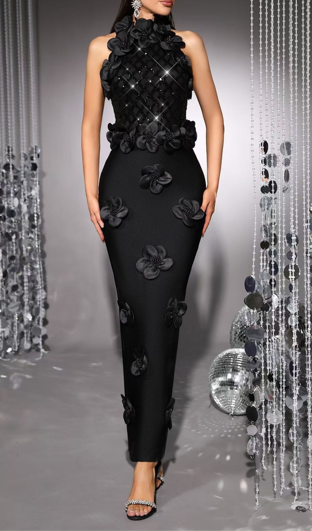 Fashionslee Women Kendi Black Halter Flower Sequin Bandage Maxi Dress