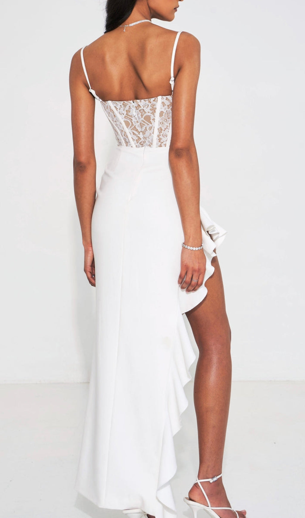 Fashionslee Women Arlette Lace Asymmetric Ruffle Midi Dress