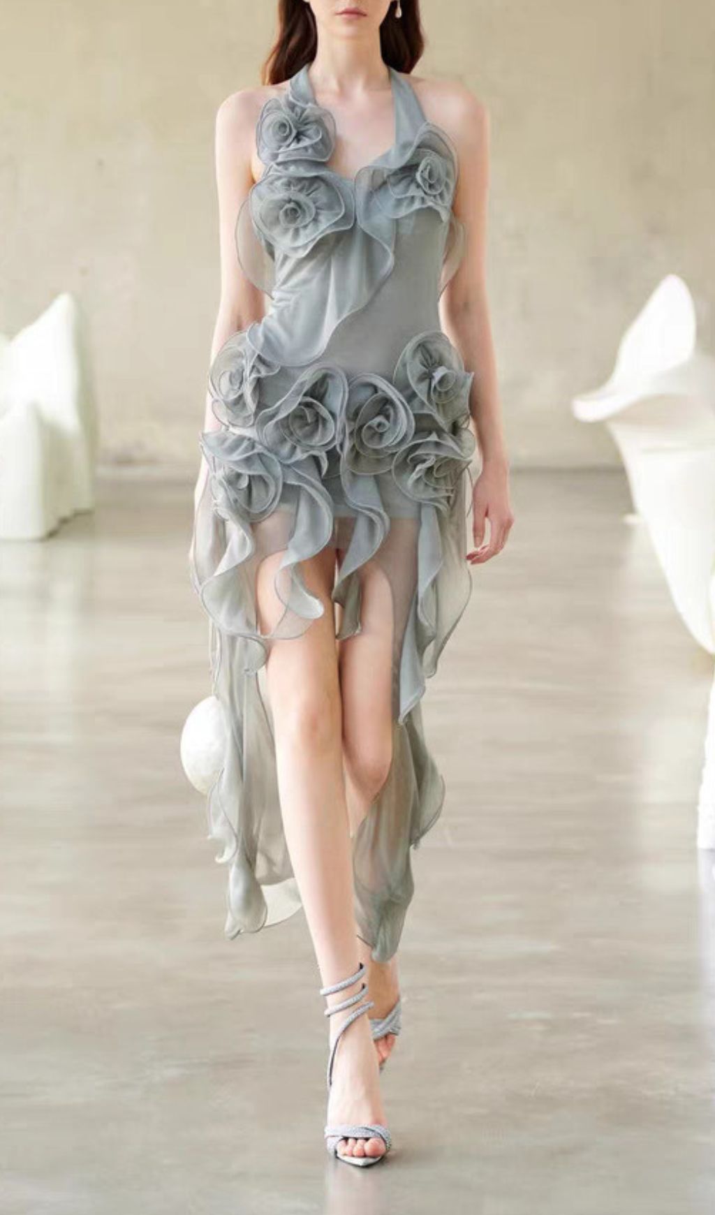 Fashionslee Women Hailey Grey Halter Flower Maxi Dress