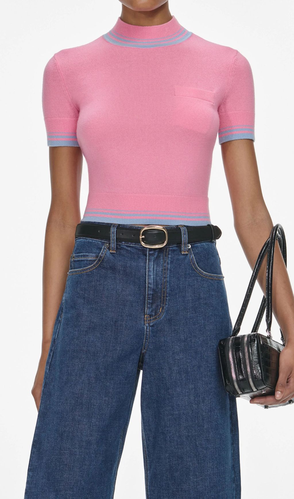 Fashionslee Women Pink Contrast Stripe Knit Top