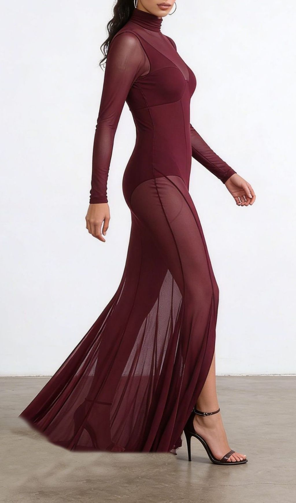 Fashionslee Women Kaylin Wine Mesh Long Sleeve Maxi Dress