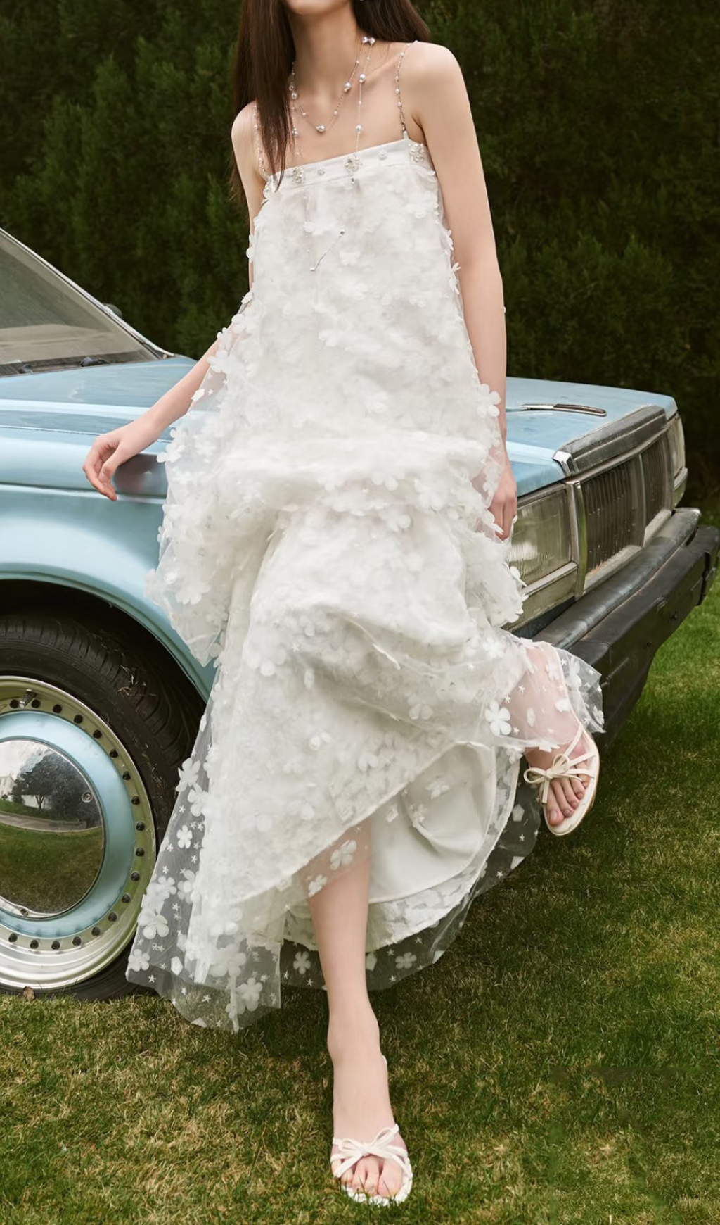 Fashionslee Women Harsha White Flower Embellished Maxi Dress