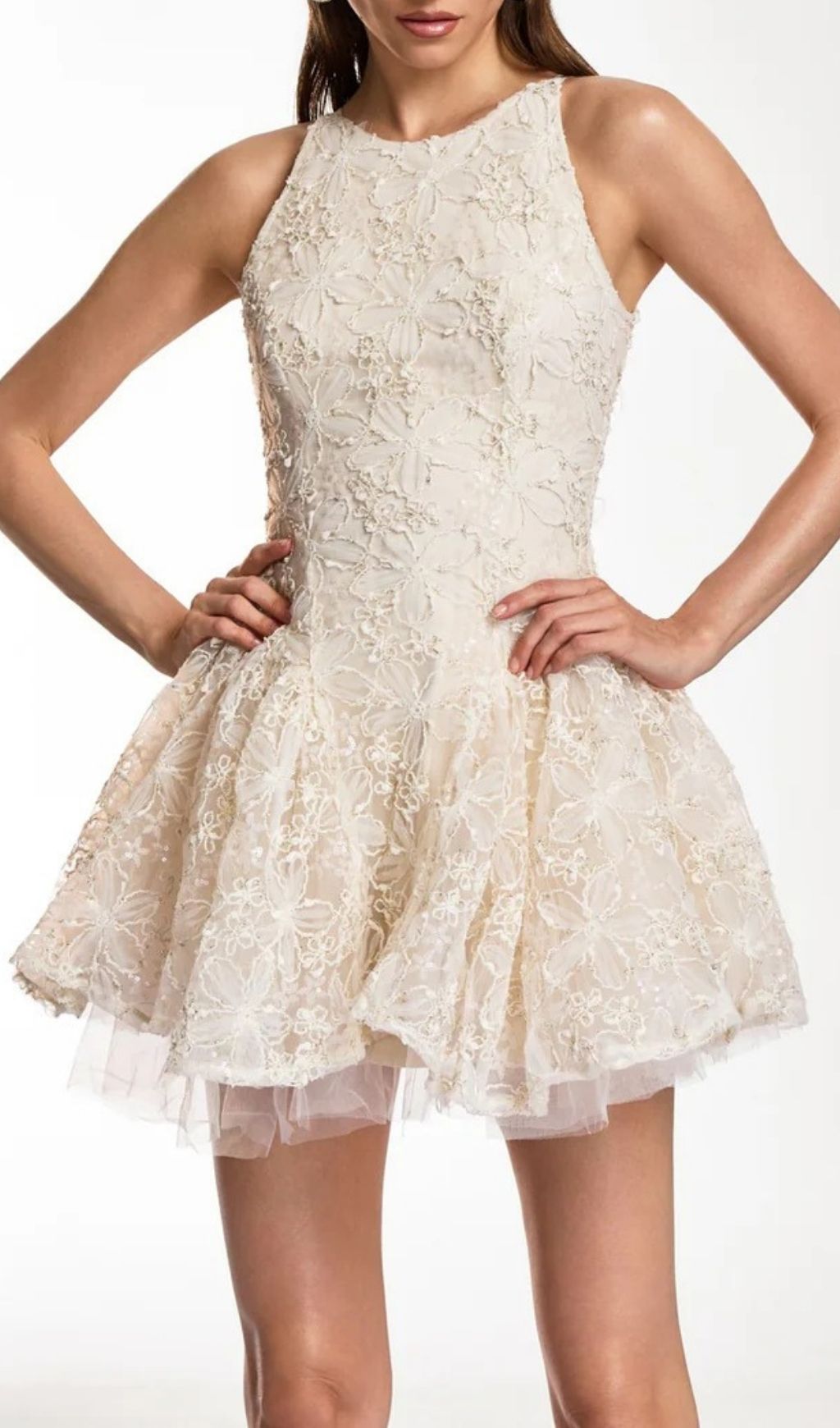 Fashionslee Women Katsumi Halter Lace Flower Mini Dress