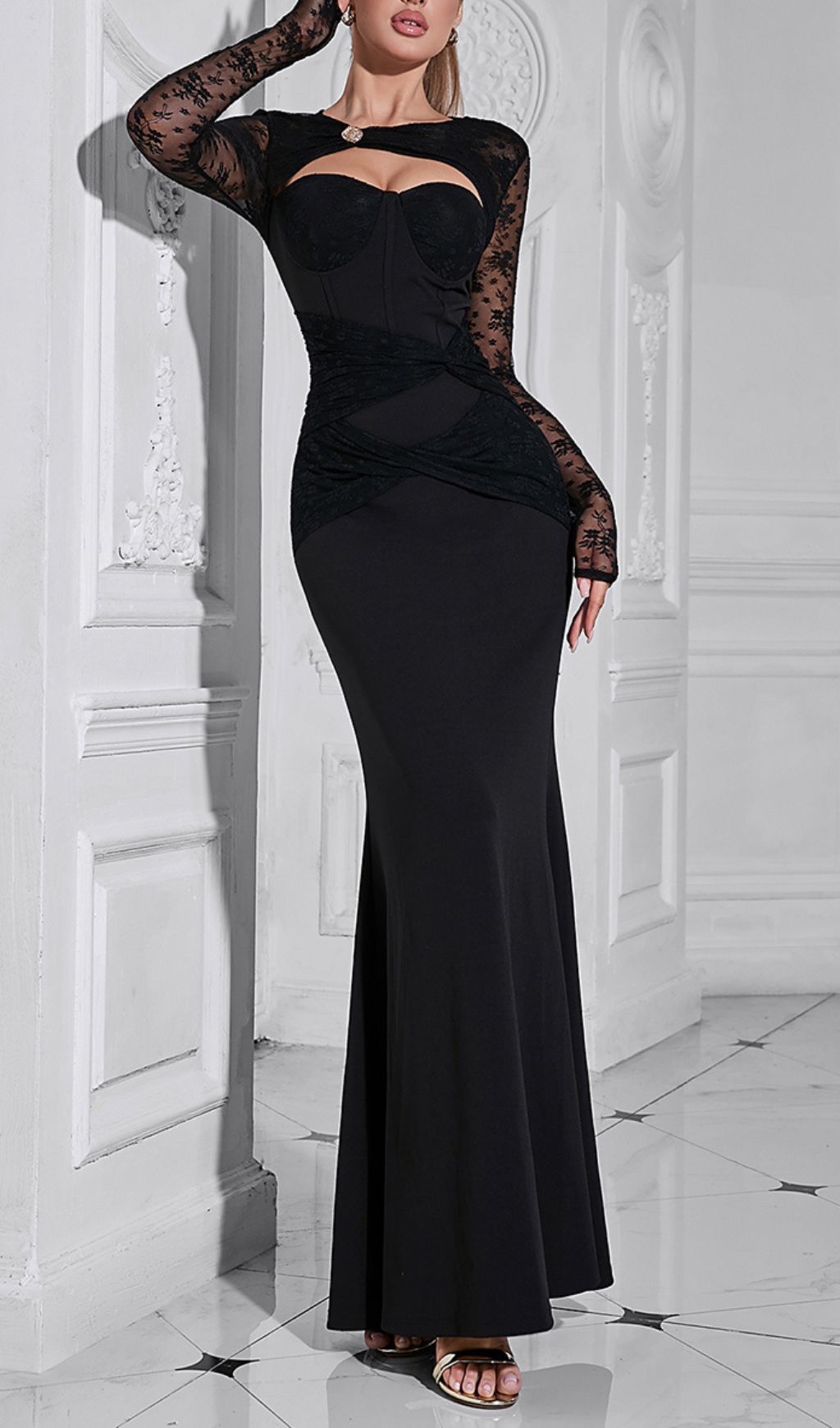 Fashionslee Women Brigit Black Lace Long Sleeve Maxi Dress