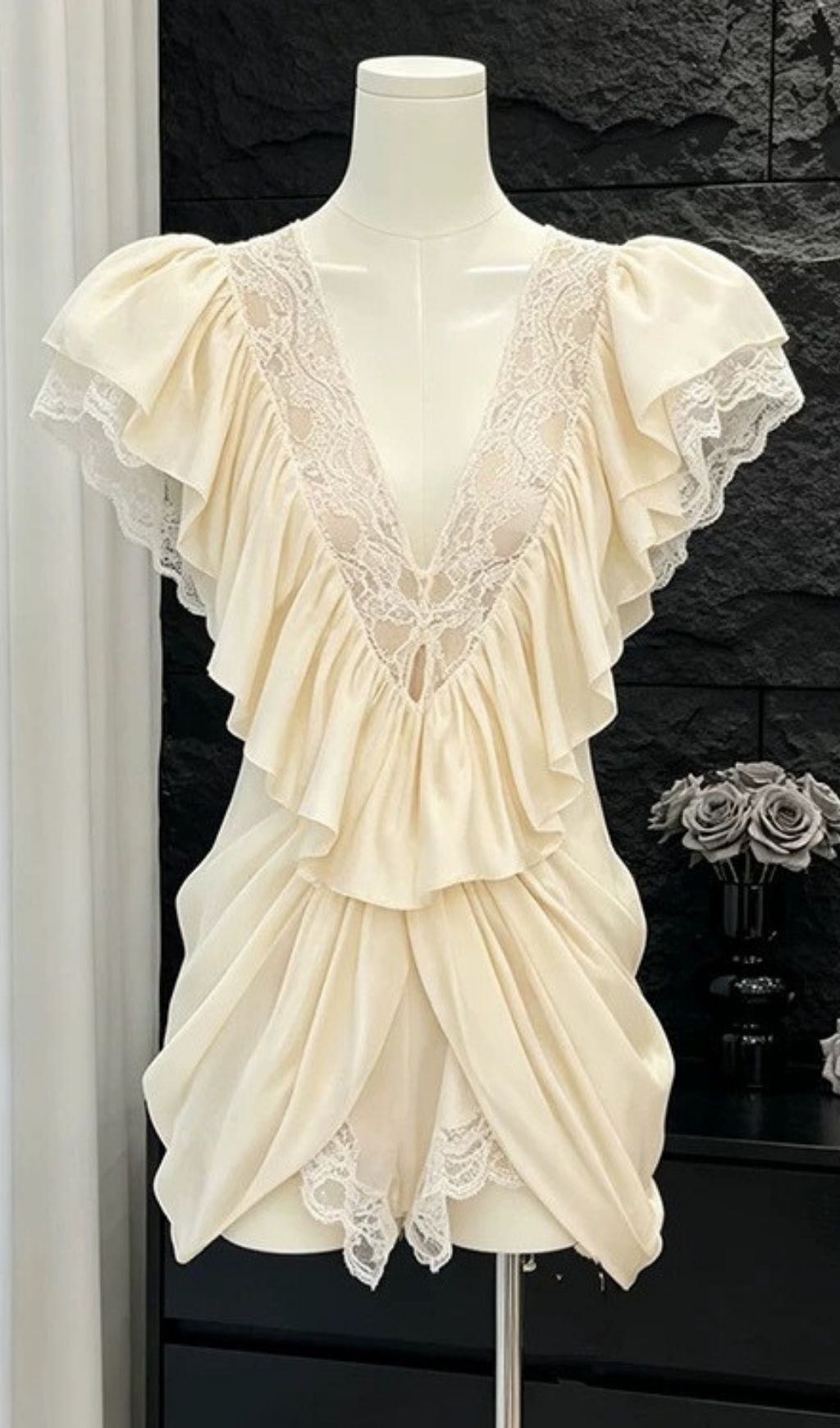 3e260769db0020823c3337aa63bb775d.jpg Fashionslee Women Kineks V-Neck Lace Ruffle Mini Dress