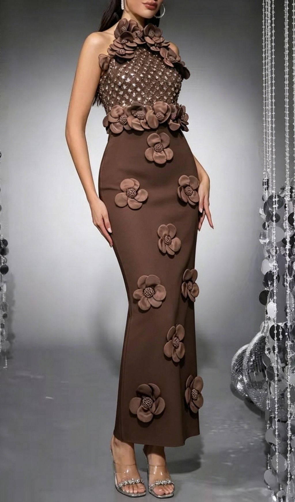 Fashionslee Women Kelsey Coffee Halter Flower Sequin Bandage Maxi Dress