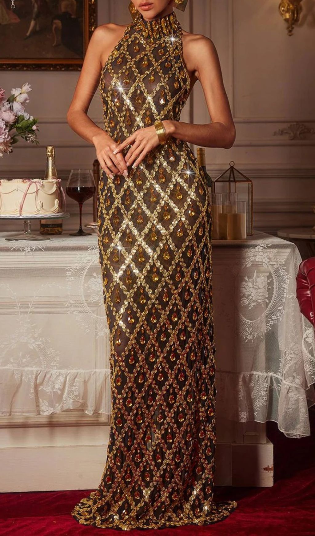Fashionslee Women Liora Sequin Crystal Maxi Dress In Gold