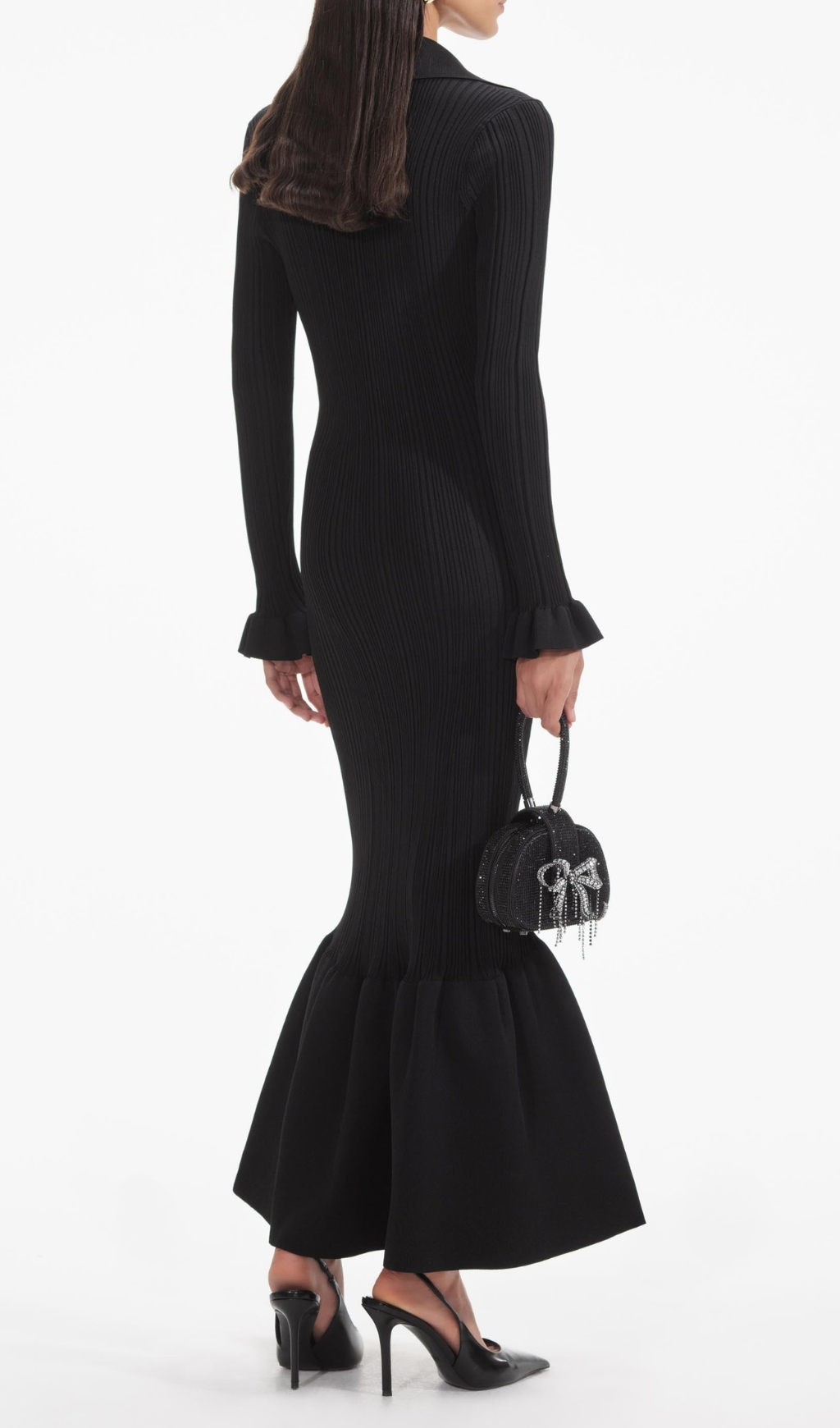 Fashionslee Women Black Ribbed Knit Fluted Midi Dress