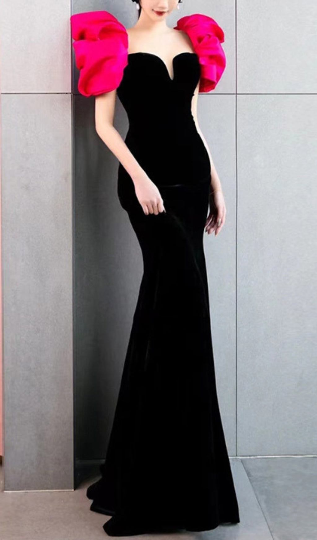 Fashionslee Women Red Puff Sleeve Black Maxi Dress
