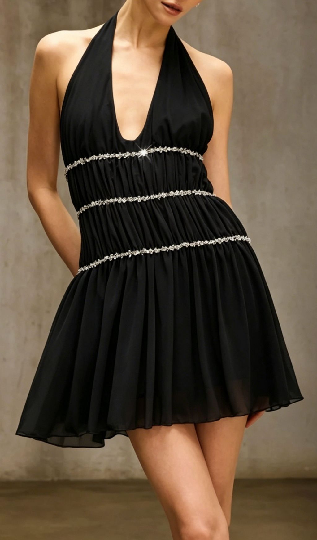 Fashionslee Women Doutzen Black Halterneck Rhinestone Mini Dress