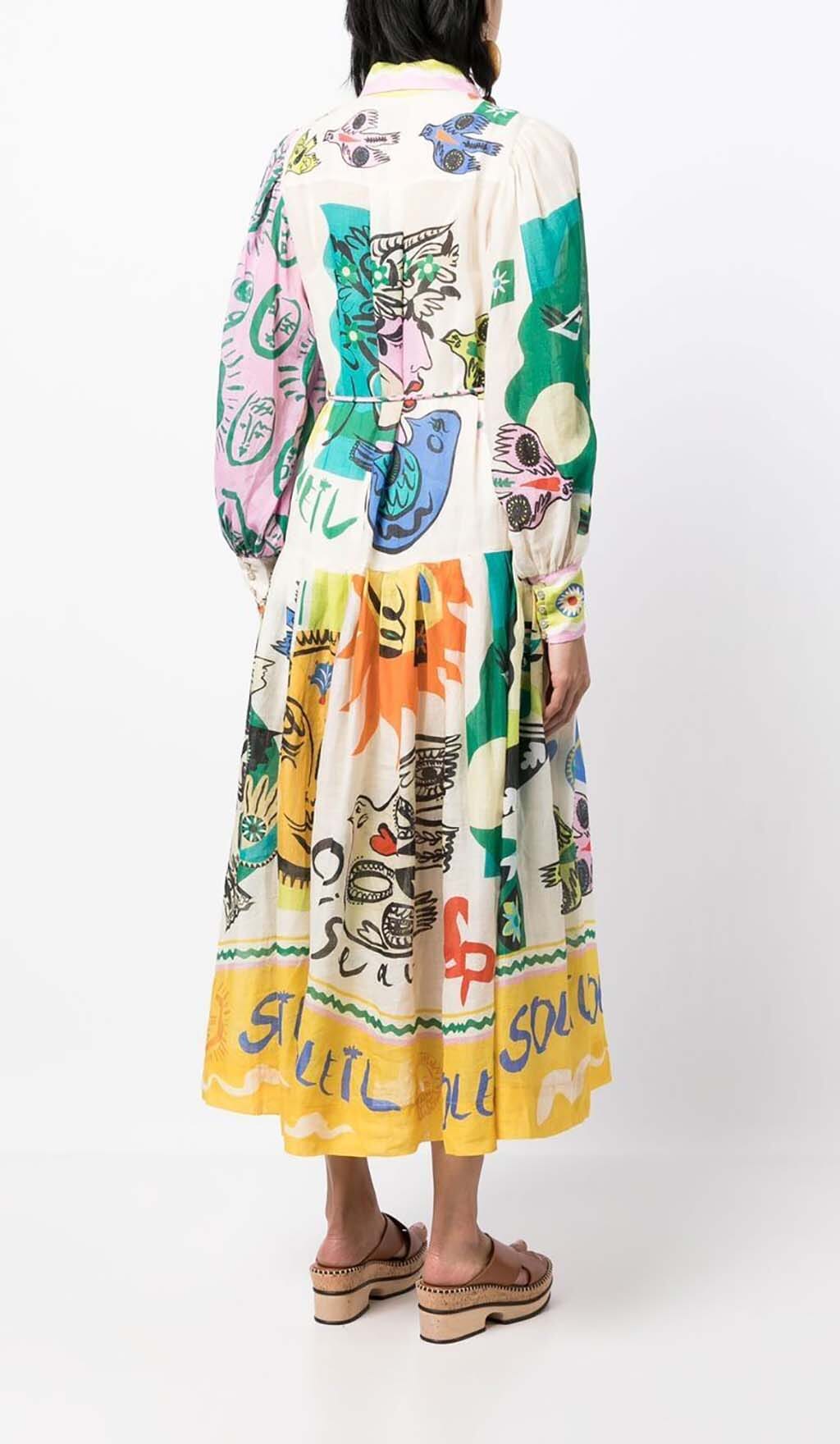 Fashionslee Women Lantern Sleeve Print Midi Dress