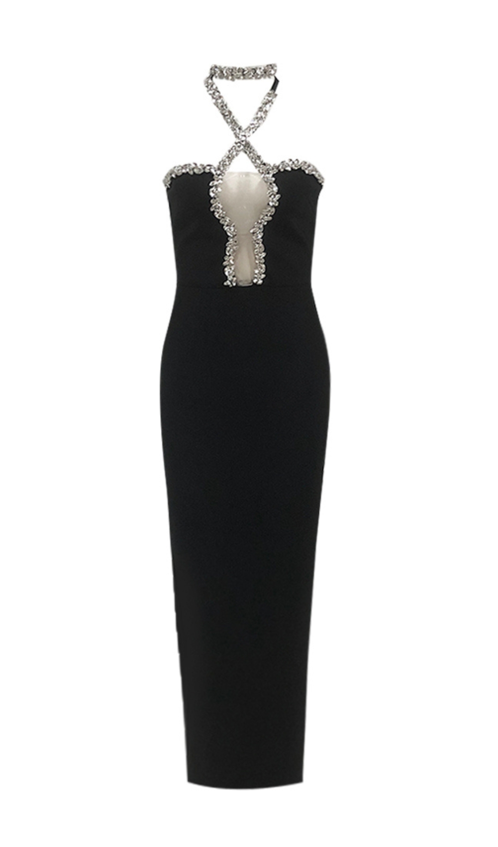 Fashionslee Women Bellini Black Halter Crystal Maxi Dress