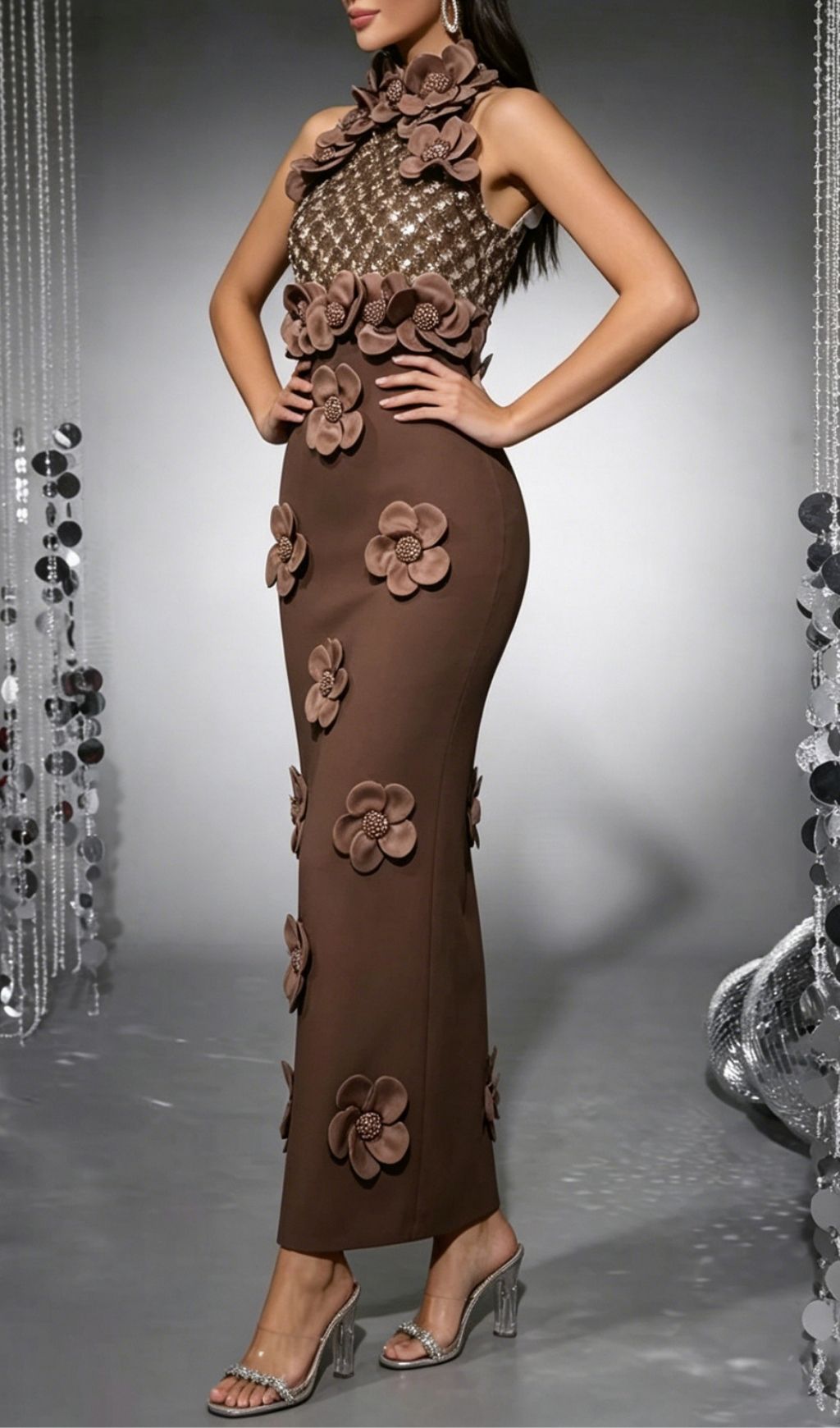 Fashionslee Women Kelsey Coffee Halter Flower Sequin Bandage Maxi Dress