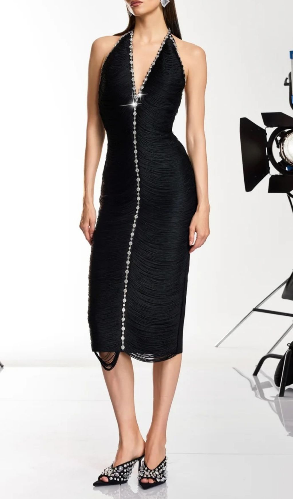 Fashionslee Women Halric V Neck Fringe Rhinestone Midi Dress
