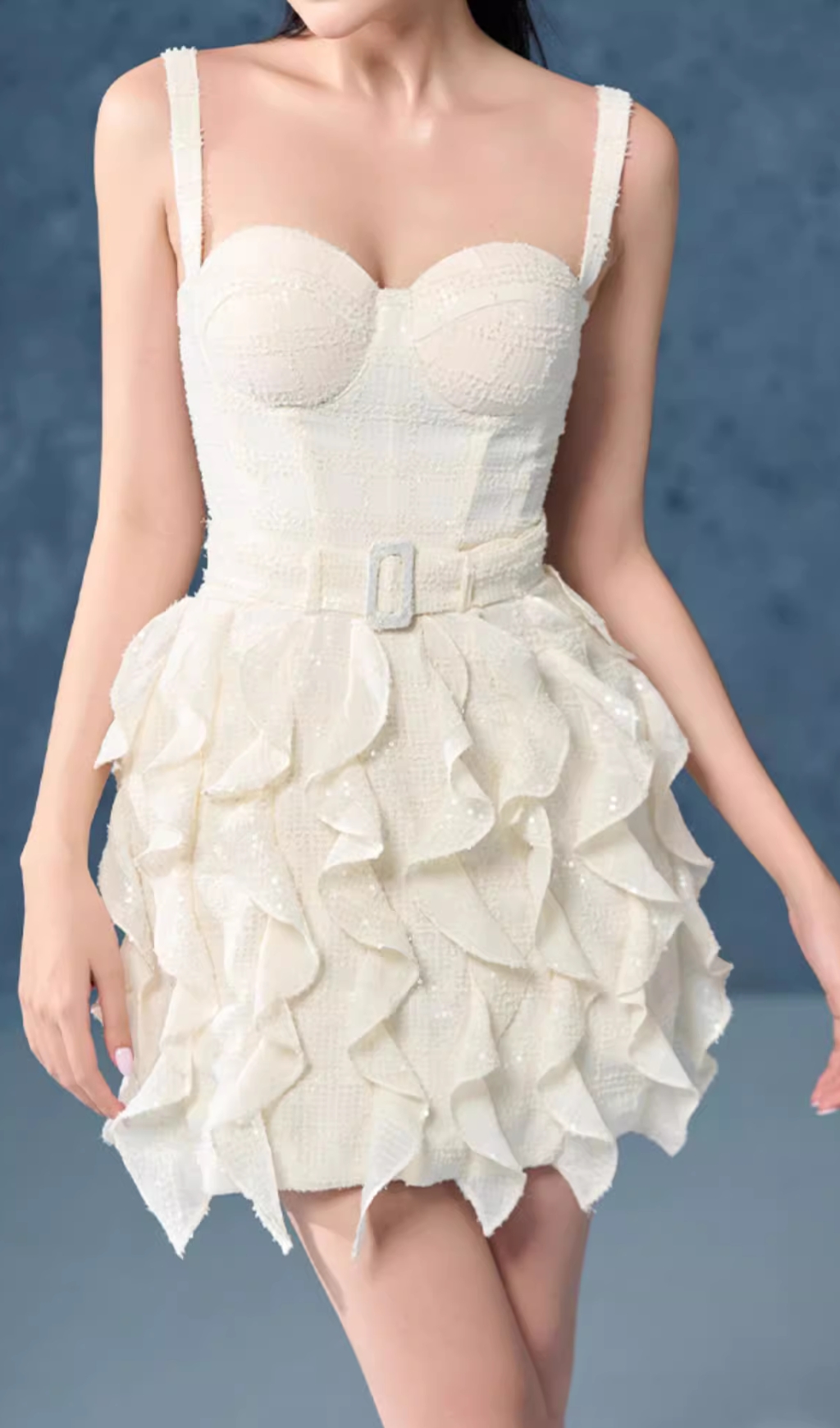 Fashionslee Women Elena White Strappy Sequin Ruffle Mini Dress