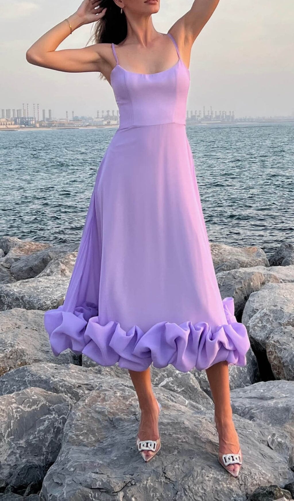 Fashionslee Women Suspender A-Line Midi Dress In Purple