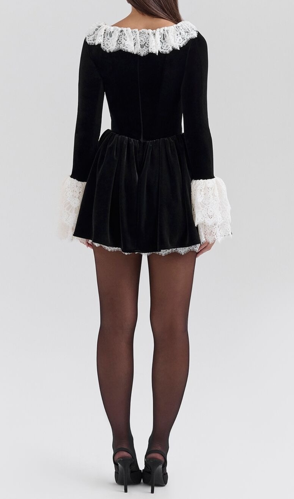 Fashionslee Women Coy Black Long Sleeve Lace Velvet Mini Dress