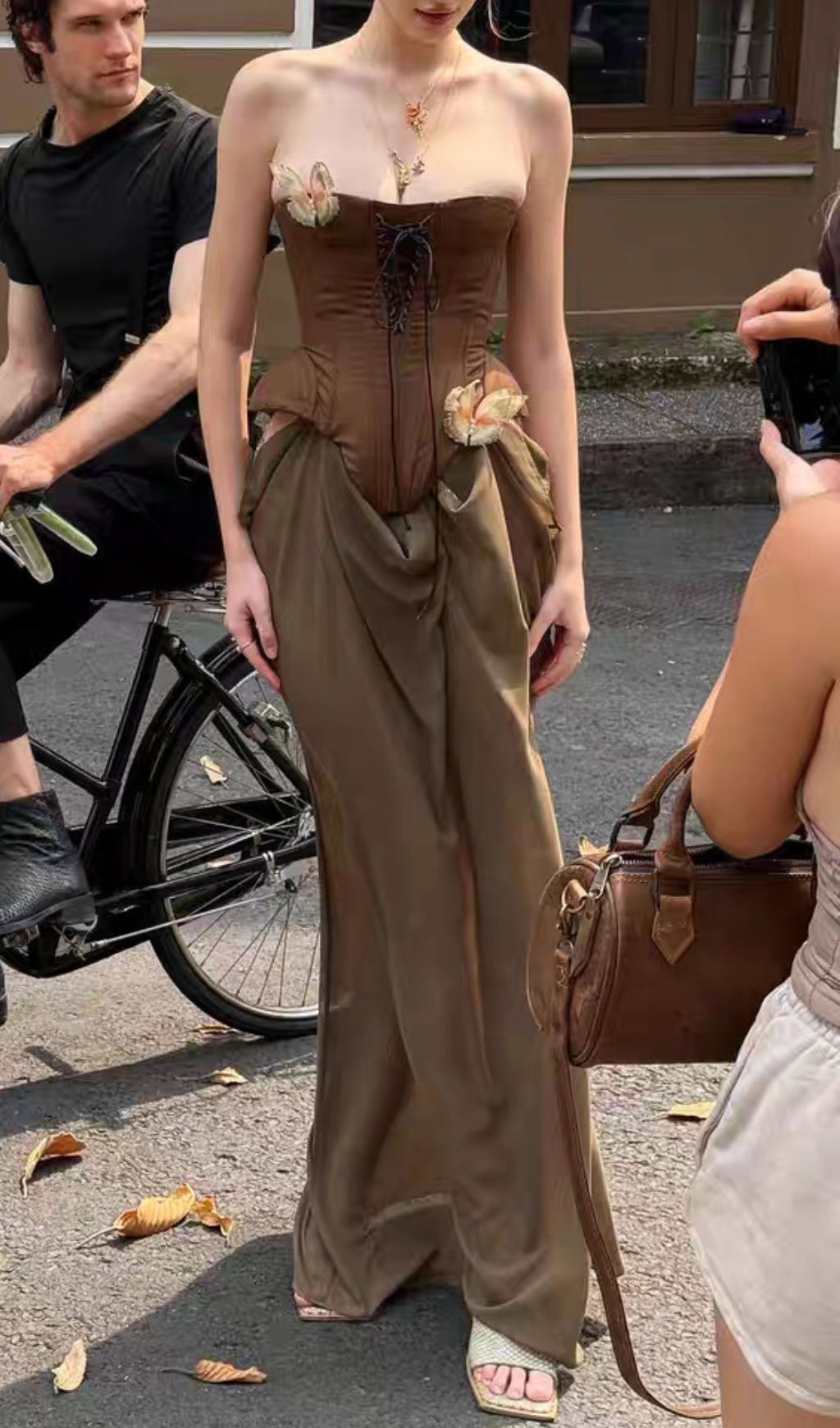 Fashionslee Women Edna Brown Strapless Corset Maxi Dress
