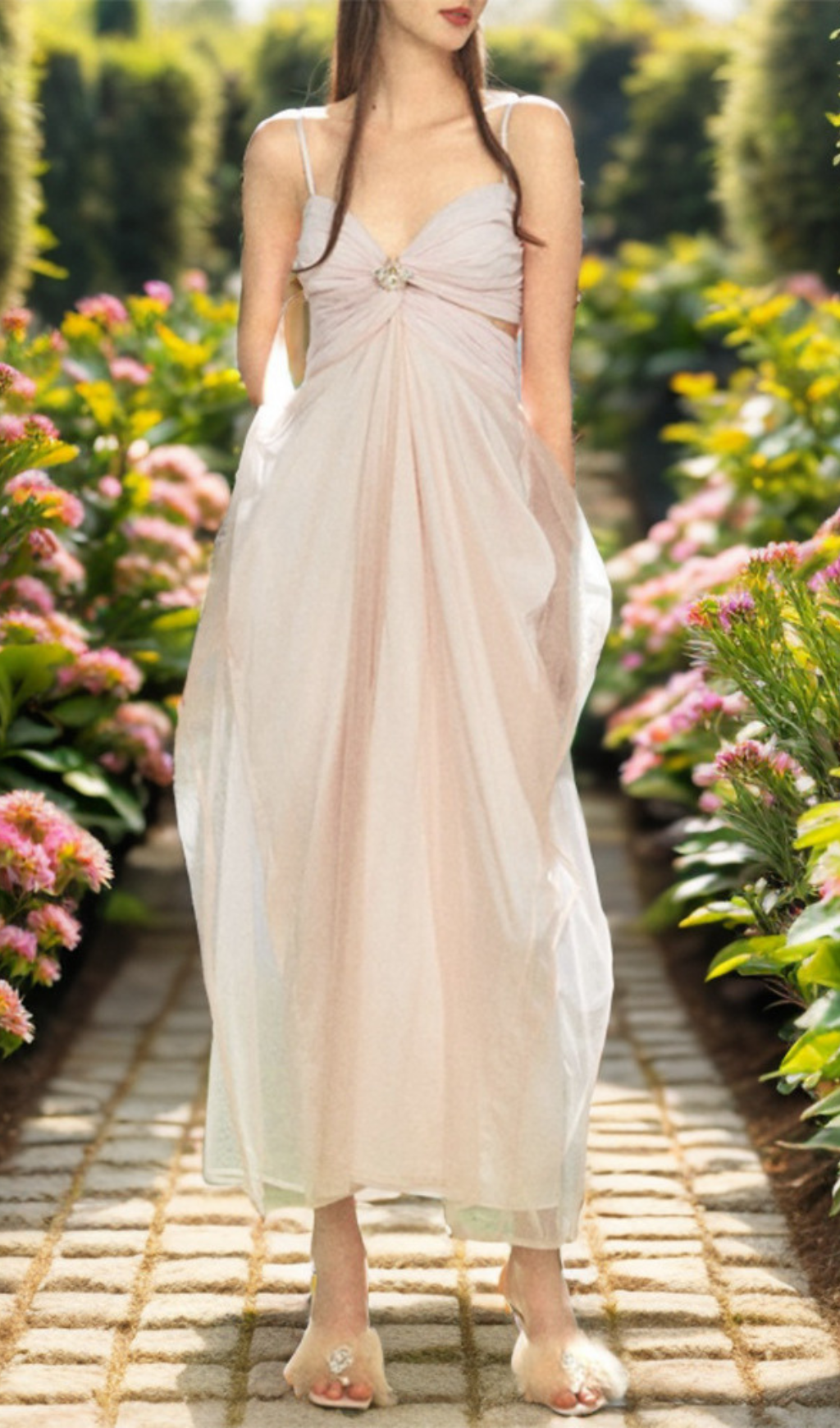 Fashionslee Women Danica Pink Mesh Strappy Maxi Dress