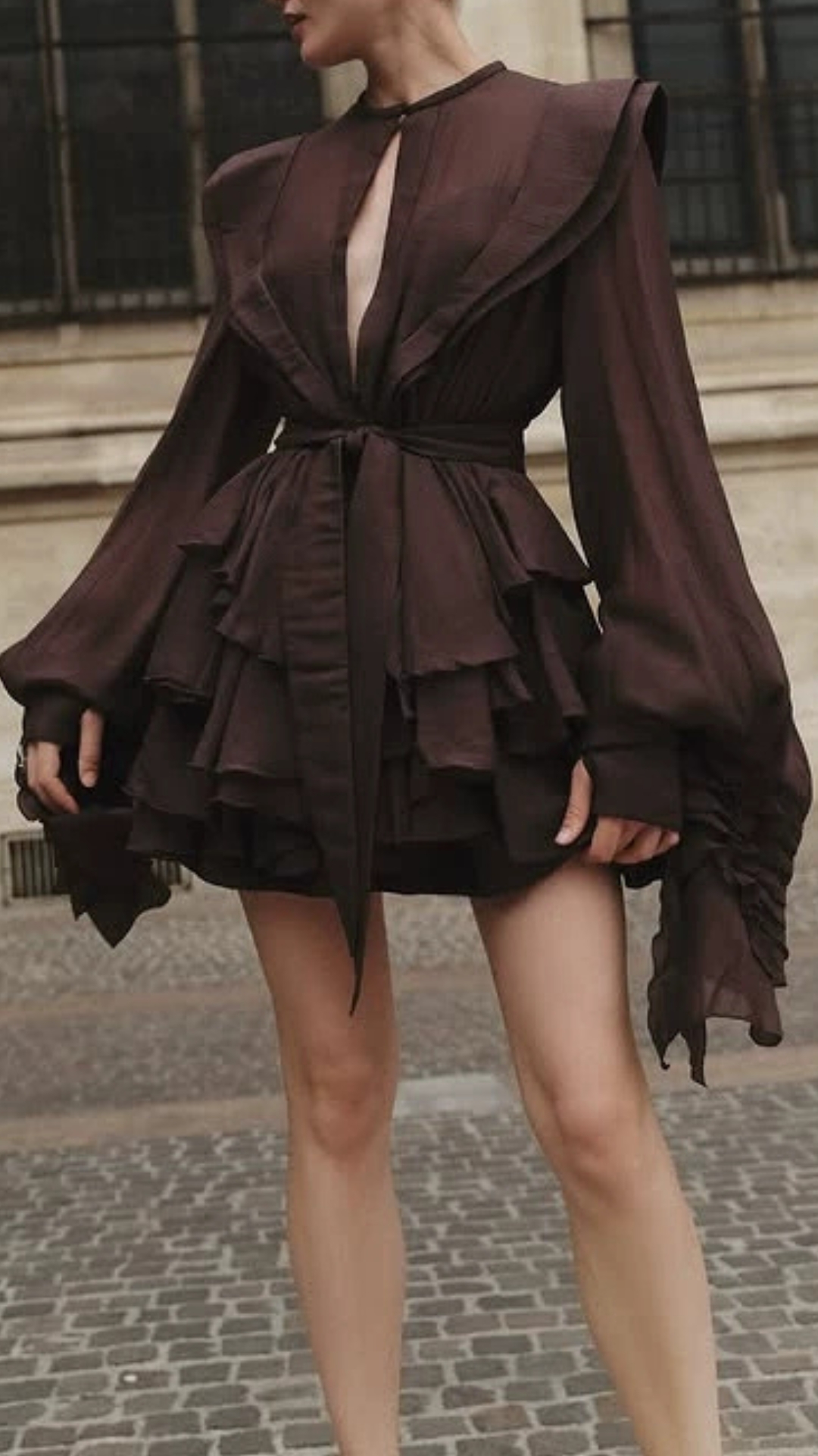 Fashionslee Women Fleur Brown Long Sleeve Ruffle Mini Dress