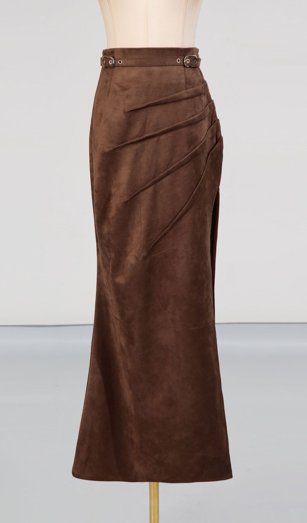 Fashionslee Women Giovana Brown Ruched Slit Maxi Skirt