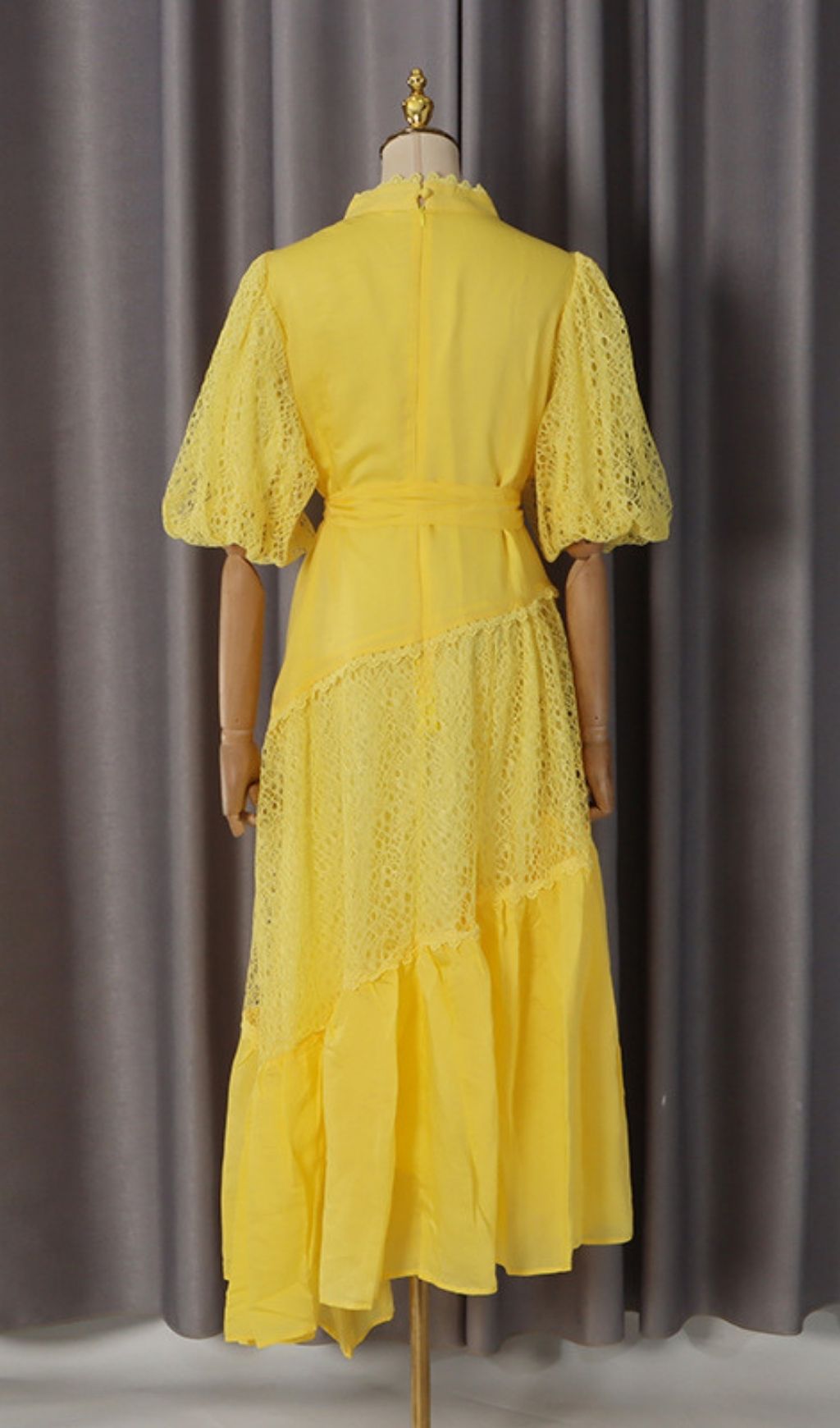 Fashionslee Women Klara Yellow Puff Sleeve Lace Midi Dress