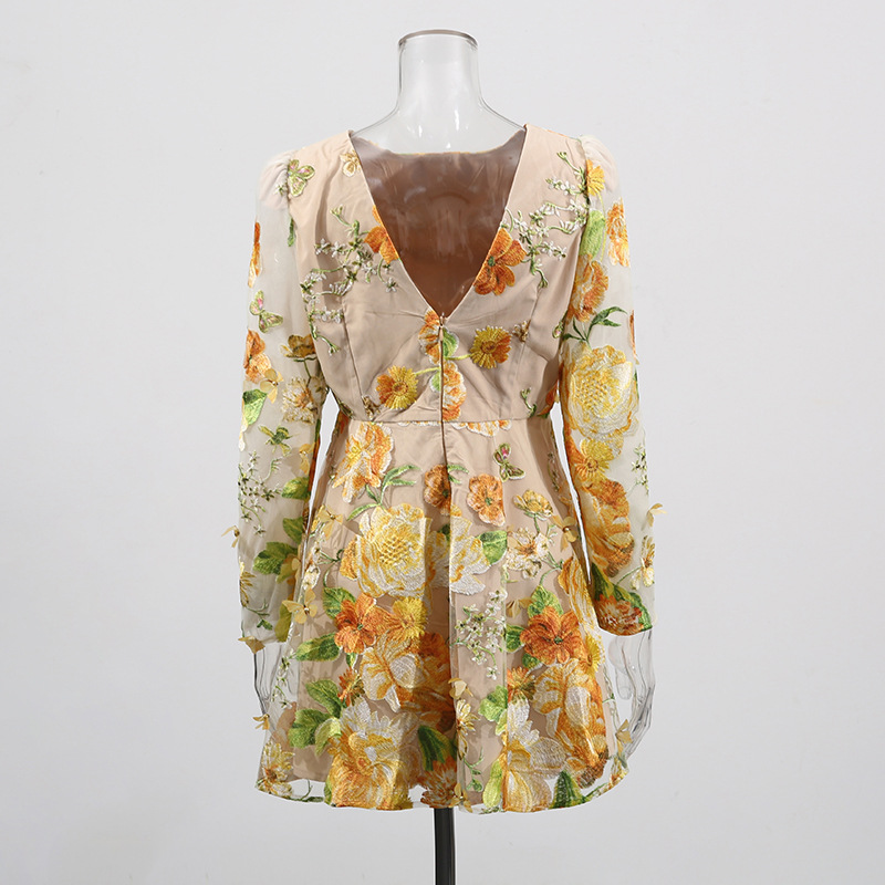 TRENDING YELLOW FLORAL EMBROIDERY MINI DRESS - OWNCI