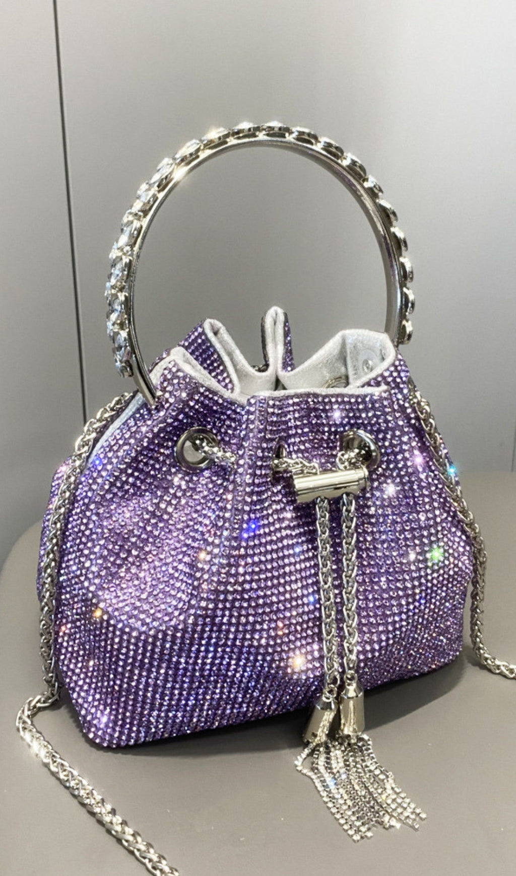 40023aebdcee447de37e3cccca622502.jpeg Fashionslee Women Crystal Embellished Bucket Bag In Purple