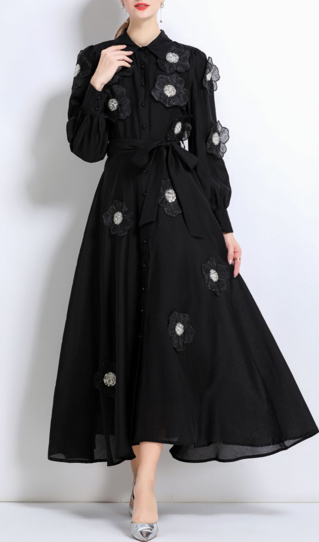 Fashionslee Women Holly Black Flower Long Sleeve Midi Dress
