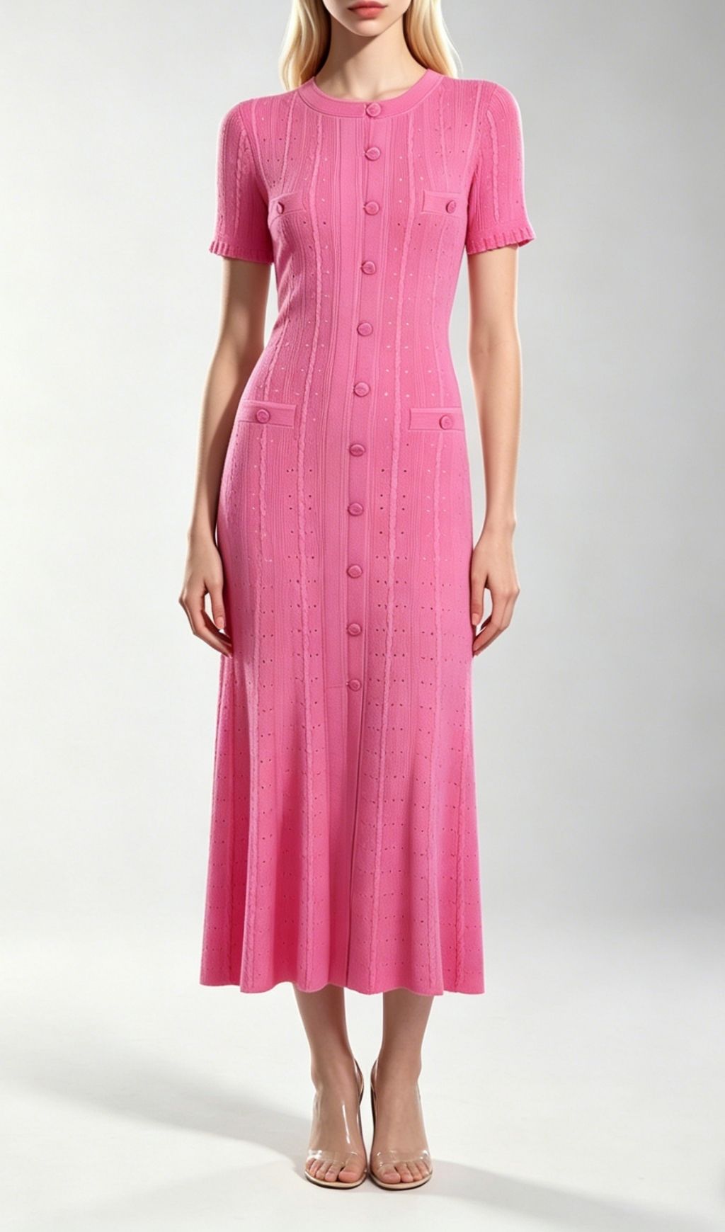 Fashionslee Women Kilenya Hot Pink Knit Short Sleeve Midi Dress