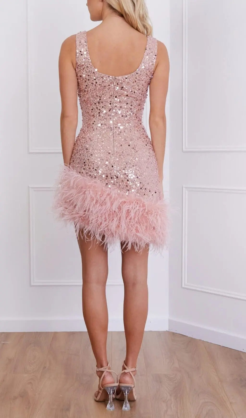 Fashionslee Women Pink Feather Sequin Dress