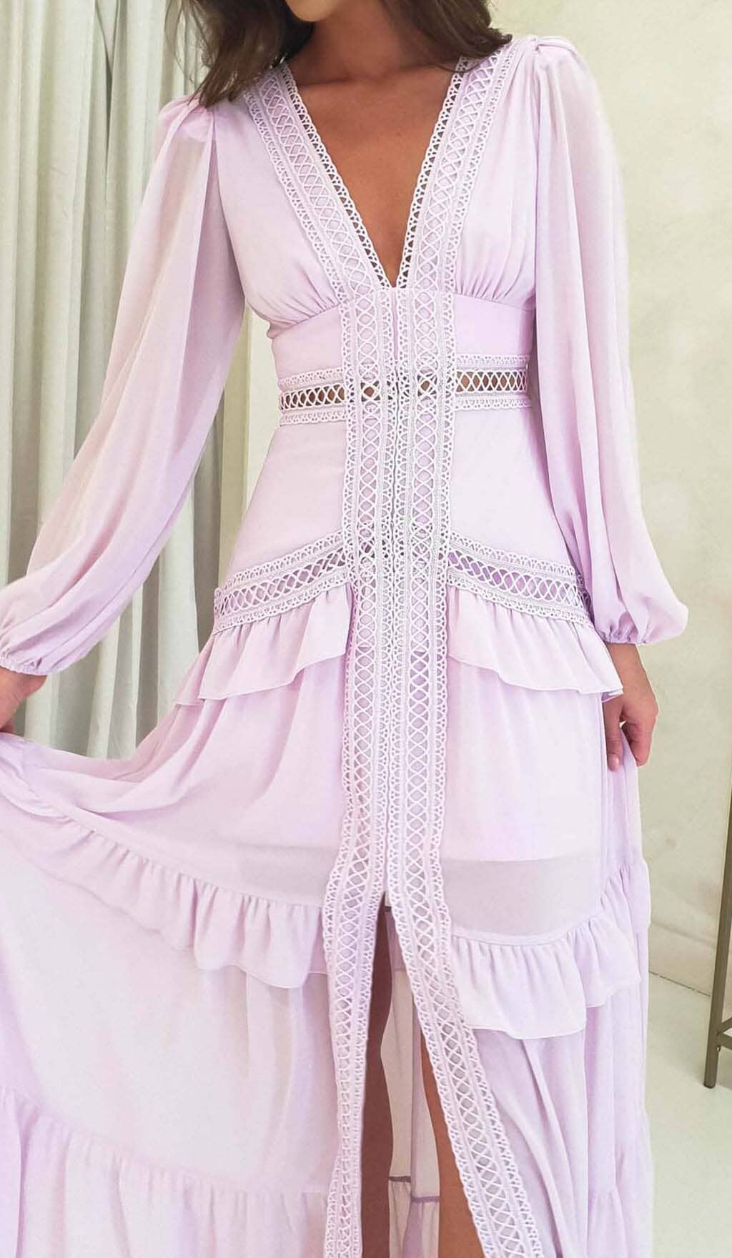Fashionslee Women Long Sleeve Ruffle Maxi Dress In Lilac