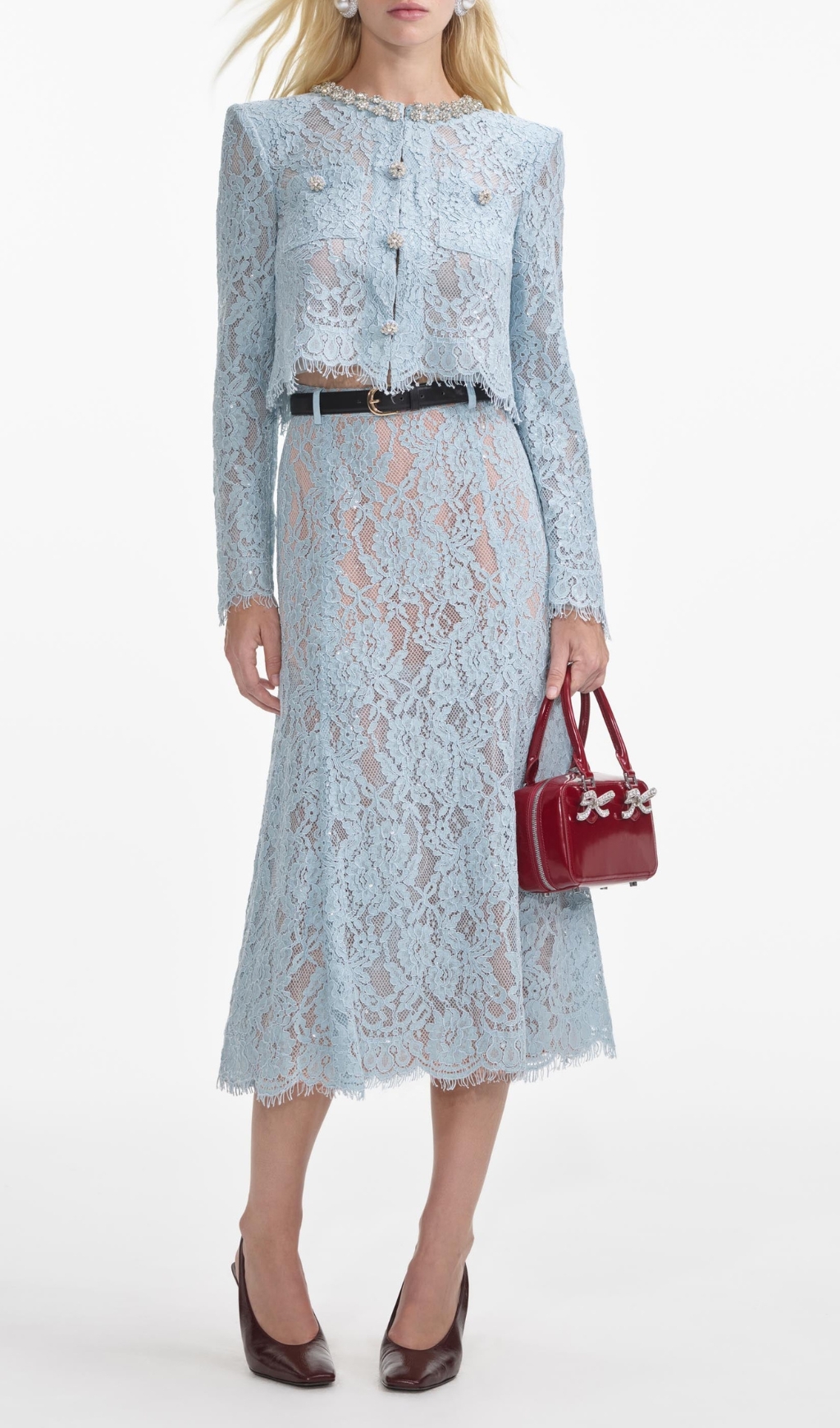 Fashionslee Women Blue Lace Embellished Top & Midi Skirt