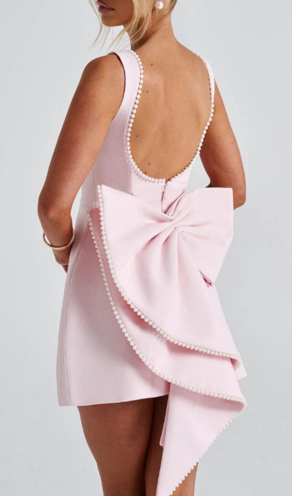 Fashionslee Women Eimear Pink Backless Pearl Bow Mini Dress