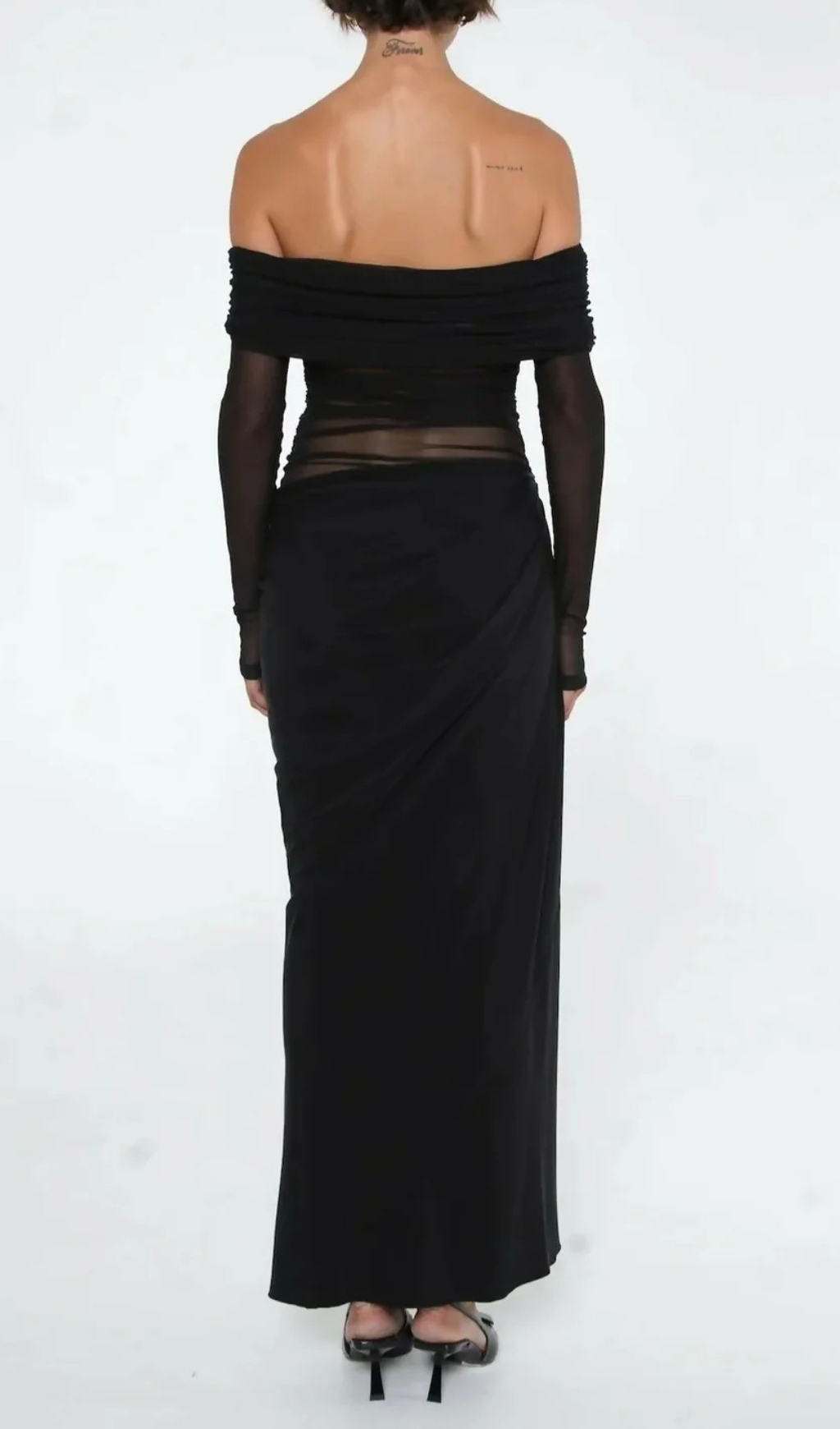 Fashionslee Women Dawood Black Off-Shoulder Long Sleeve Mesh Maxi Dress