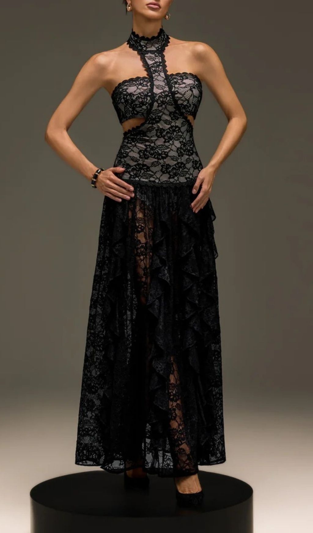 Fashionslee Women Gavelyn Halterneck Cutout Lace Maxi Dress In Black