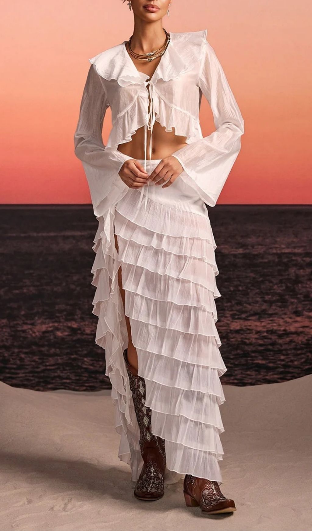 40e72e8fbf66dd6f40889106437a4f26.jpg Fashionslee Women Selvor Ruffle Tiered Split Skirt Set