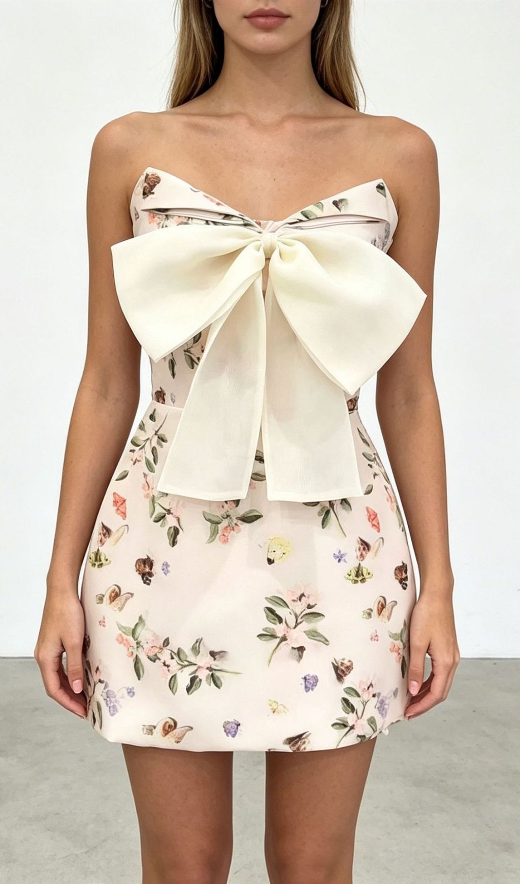 Fashionslee Women Krishna Strapless Bow Floral Mini Dress