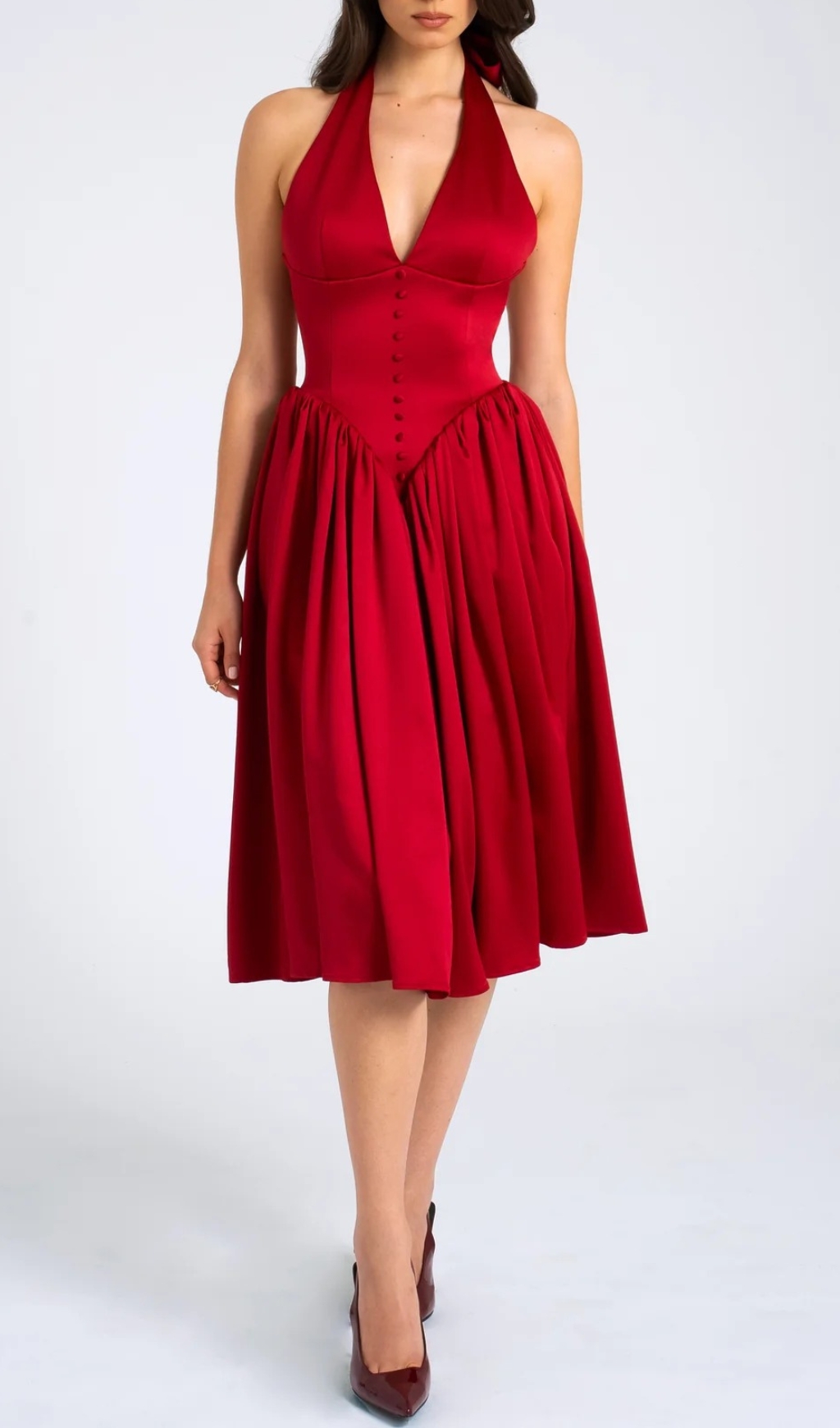 RED PLUNGING HALTER BACKLESS MAXI DRESS - OWNCI RED PLUNGING HALTER BACKLESS MAXI DRESS - OWNCI