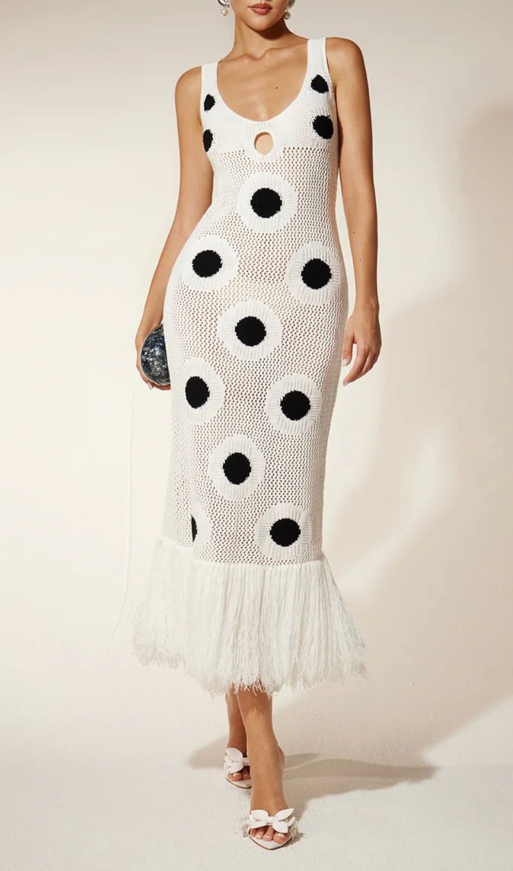 Fashionslee Women Gaelion Dot Fringe Knitted Midi Dress In White