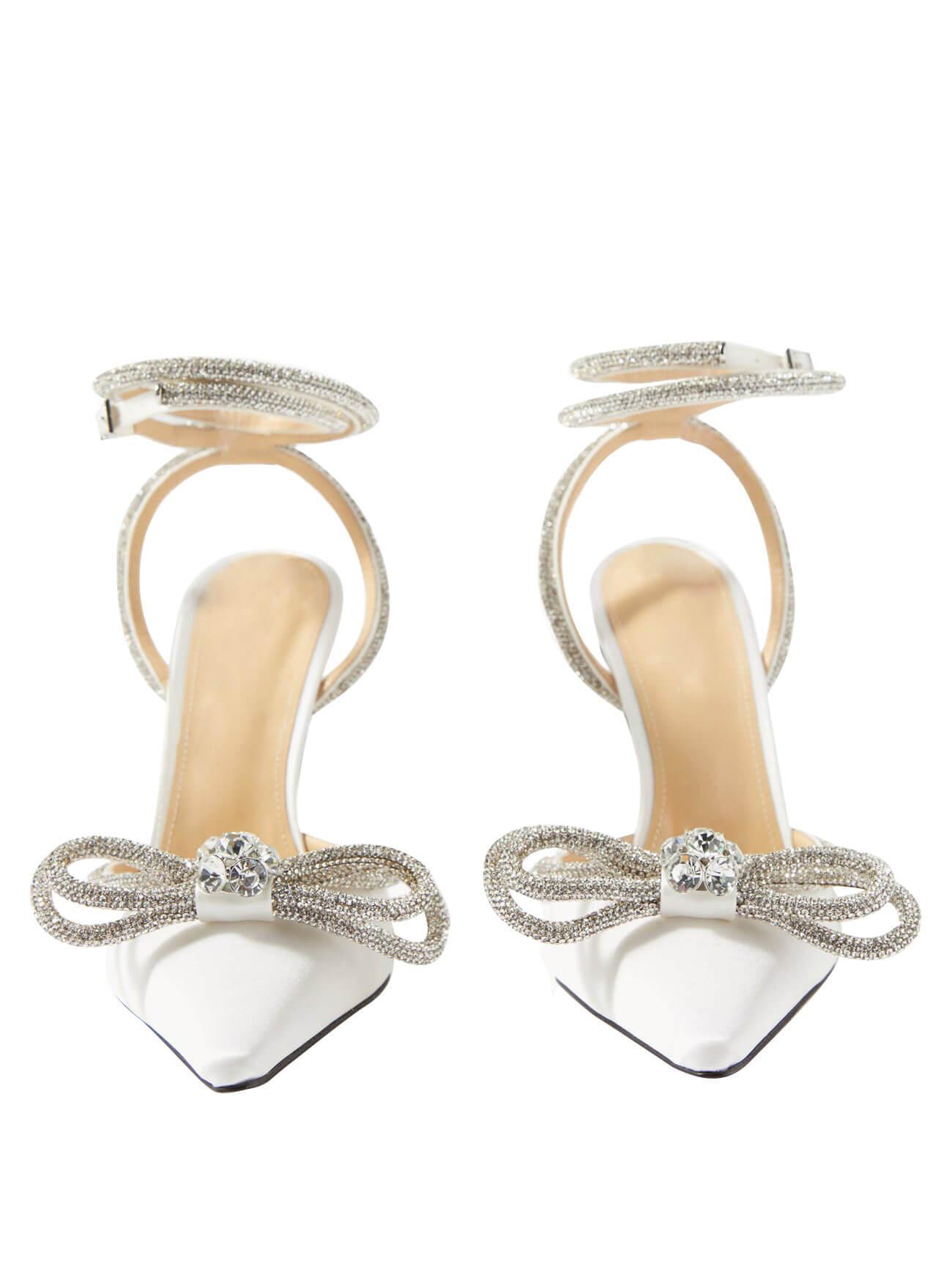 Fashionslee Women Bow Crystal Satin Heels In White