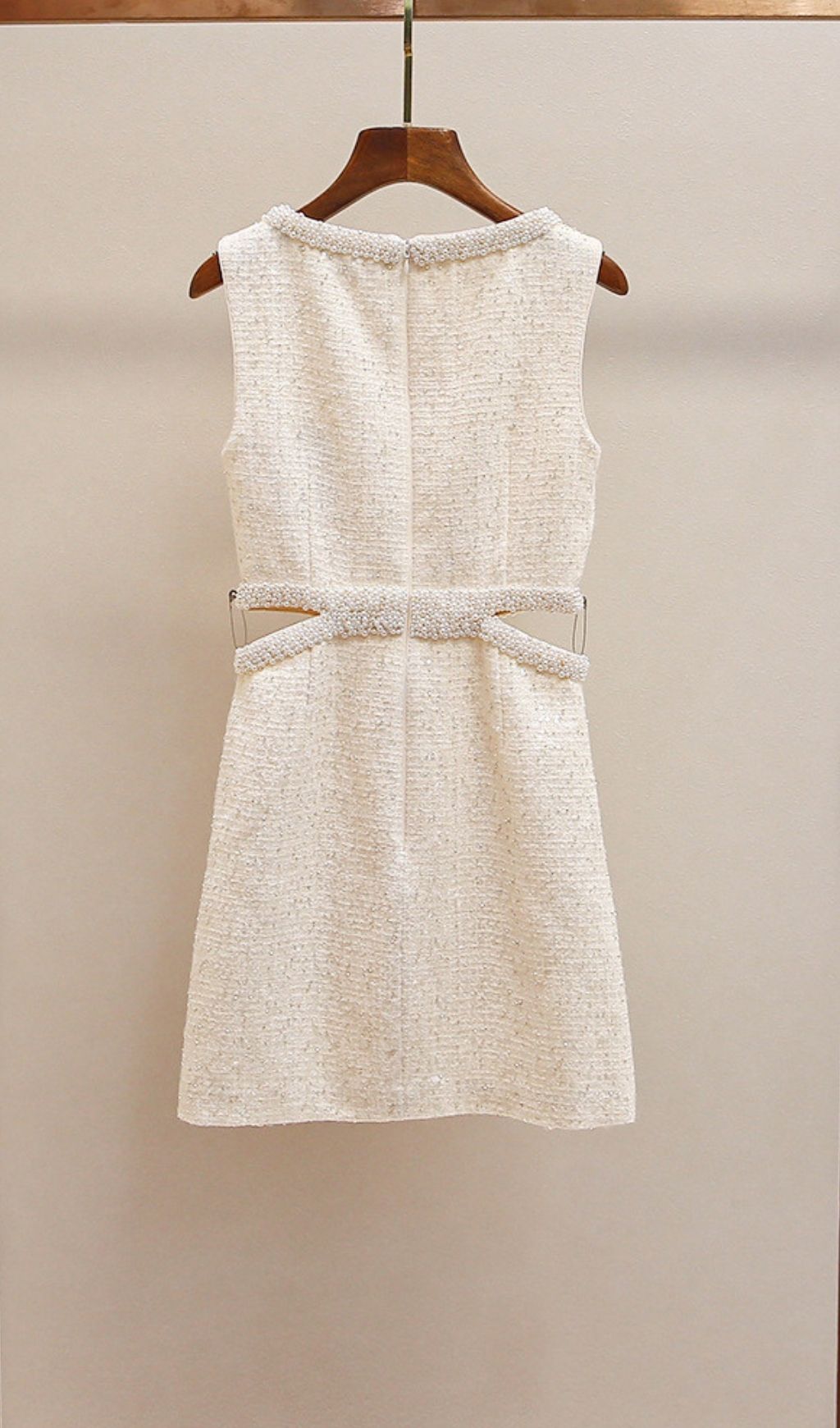 TRENDING CREAM BOUCLE PEARL MINI DRESS - OWNCI