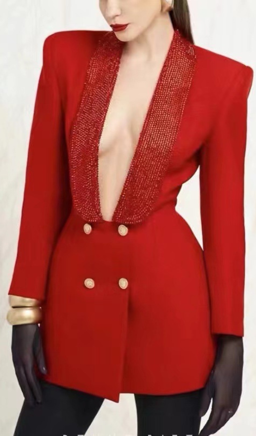 41a245f13a26975992a8d11da31db8e1.jpg Fashionslee Women Dana Red Deep-V Diamante Backless Blazer