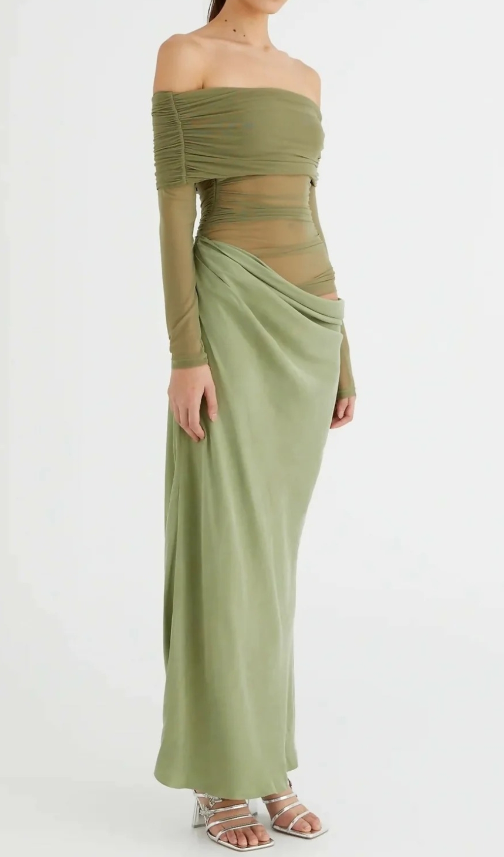 41a7248de8c5fcbe24b7ab90d44b2bb4.jpg Fashionslee Women Dawood Green Off-Shoulder Long Sleeve Mesh Maxi Dress