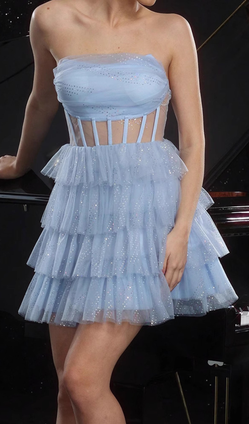 41c21b11da89be3d0f941562a03dd32f.jpg Fashionslee Women Dembe Blue Strapless Corset Mesh Mini Dress