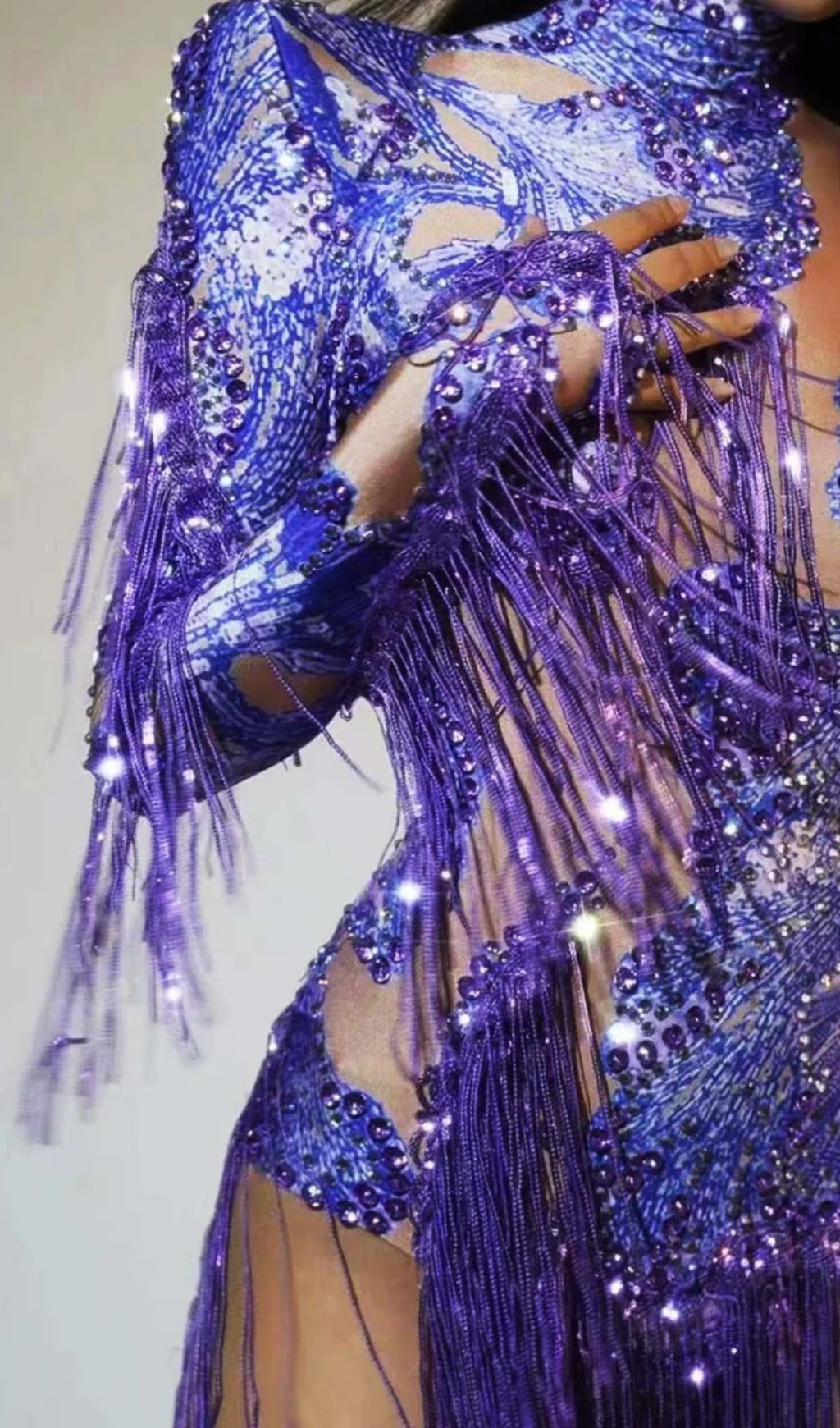 41cdc84d38abdcf0a8f2a32045ec64d8.jpg Fashionslee Women Shatora One Shoulder Rhinestone Fringe Bodysuit In Purple