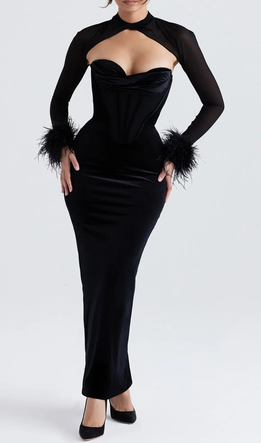 Fashionslee Women Adelaide Black Velvet Corset Maxi Dress