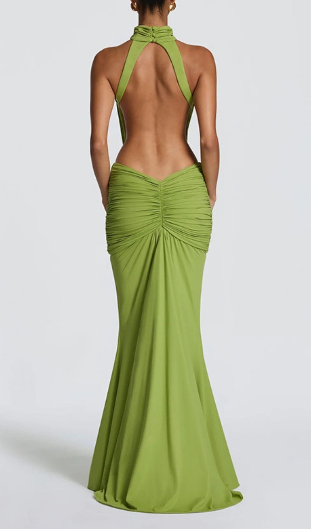 Fashionslee Women Kirya Green Ruched Backless Maxi Dress